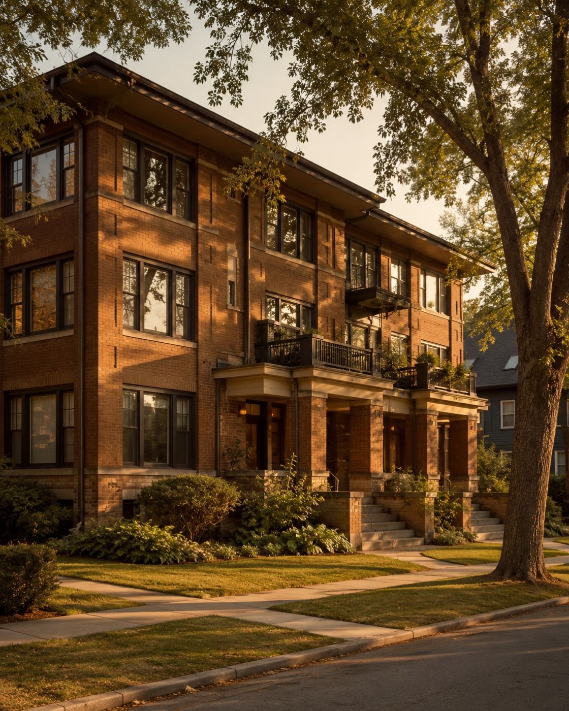 A brick multifamily building on a quiet residential street at golden hour