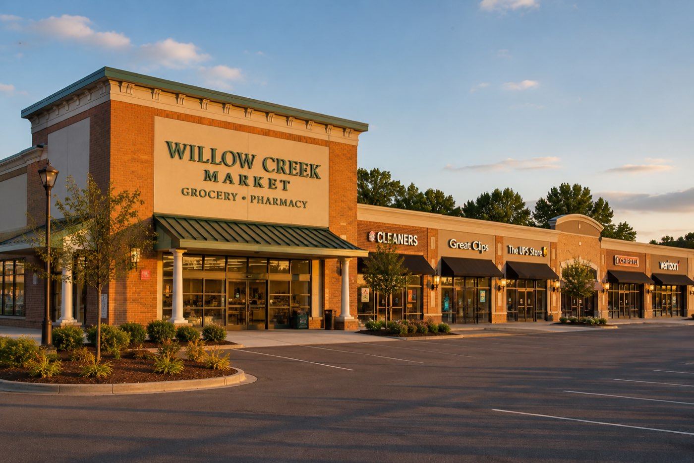 A grocery-anchored strip center with a brick facade and mature landscaping at golden hour