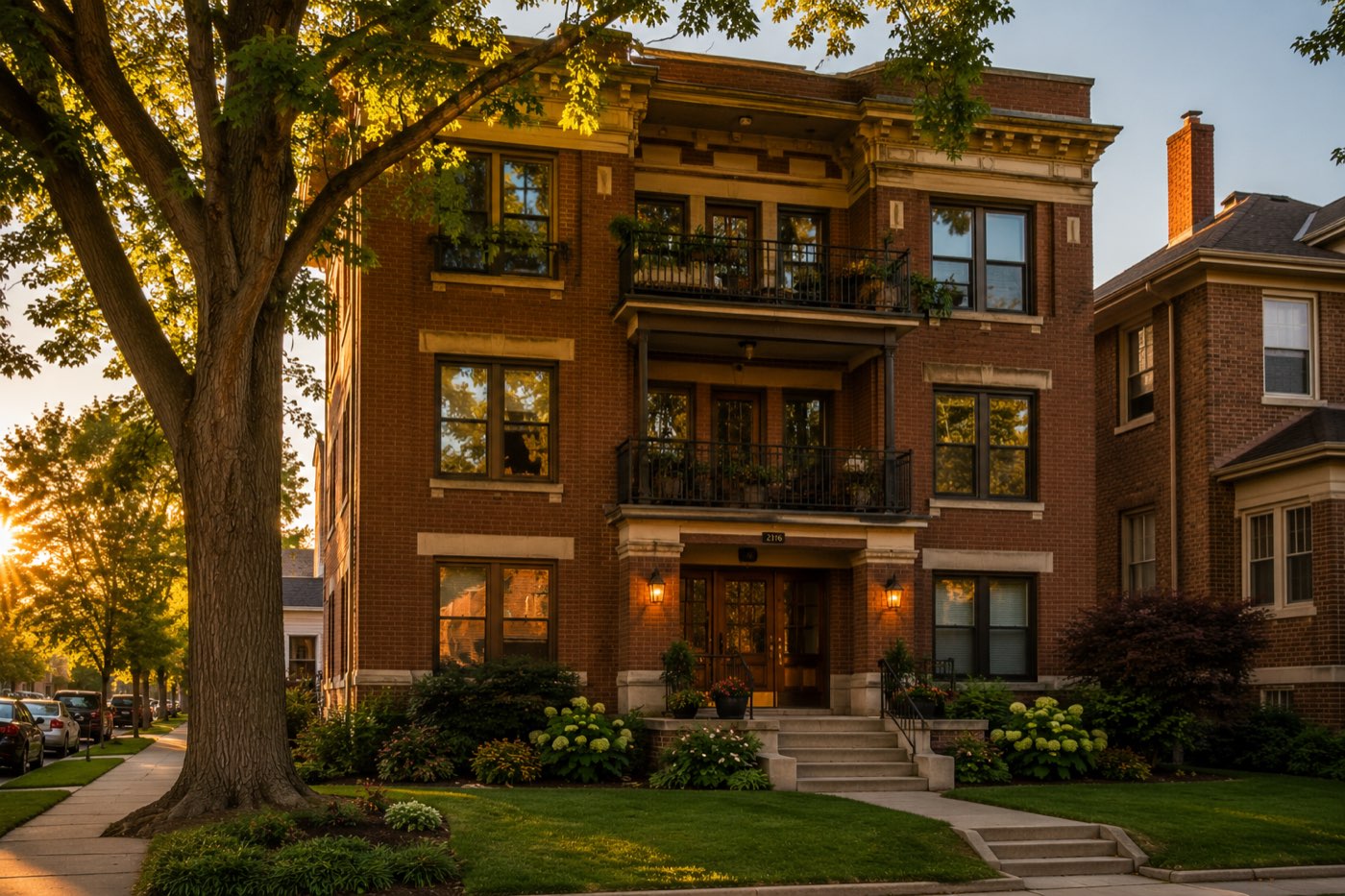 A small brick multifamily building with balconies on a quiet residential block at golden hour