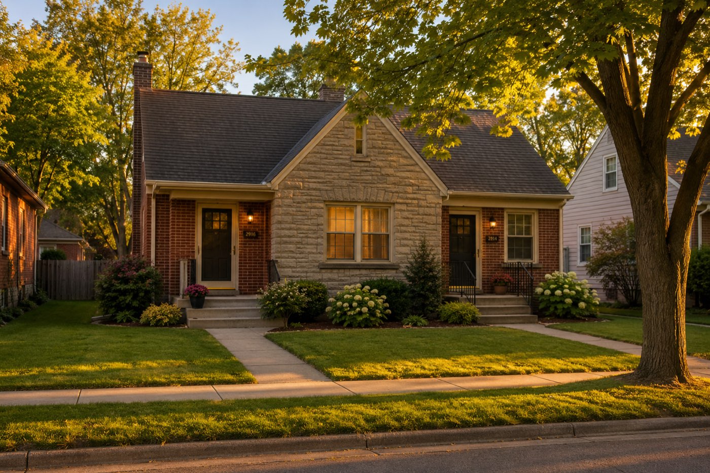 A small brick duplex on a quiet residential street at golden hour